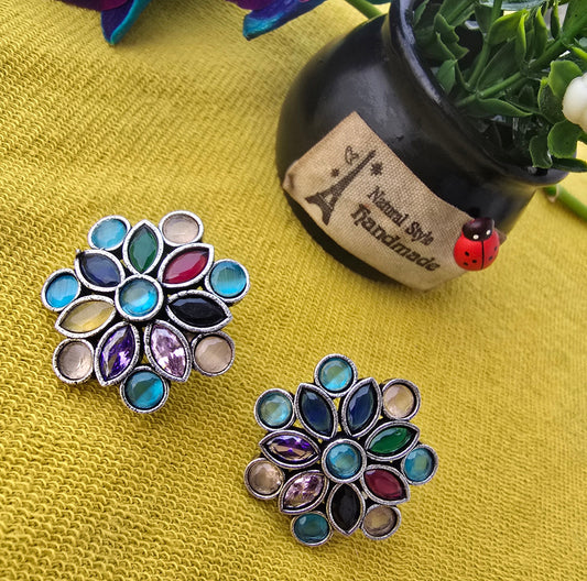 Oxidised Multicolor Floral Stone Stud Earrings for Women | Vintage Statement Party Wear Earrings