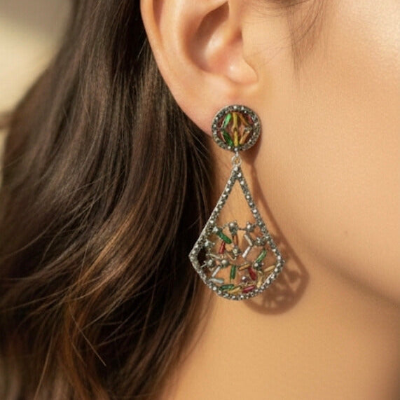 Vintage Oxidised Multicolor Beaded Geometric Drop Earrings for Women | Boho Statement Earrings