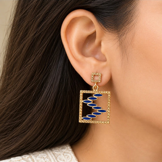 Enamel Geometric Square Drop Earrings | Gold Finish