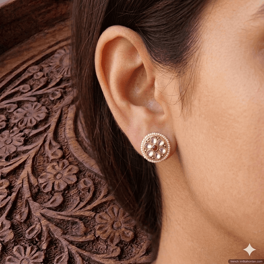 Gold-plated Kundan and Pearl Stud Earrings.