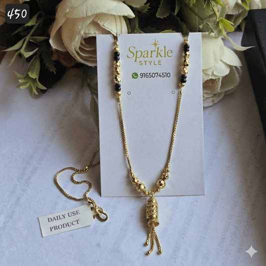 Antitarnish Gold Mangalsutra Necklace with Beaded Chain & Tassel Pendant | Daily Wear Minimal Mangalsutra for Women