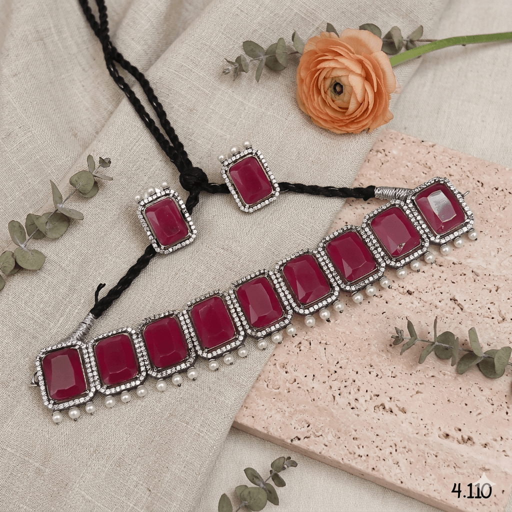 Black Polish Ruby Red Stone Choker Necklace Set with AD Stone Detailing & Baby Pearl Drops
