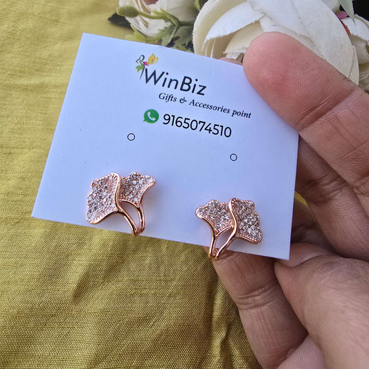 Rose Gold Ginkgo Leaf Crystal Stud Earrings for Women | Elegant Minimalist Daily Wear Earrings