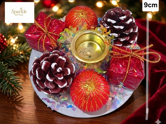 Candle stand with small Christmas Tree ornaments