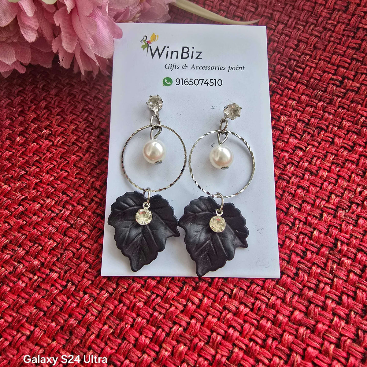 Black Leaf Pearl Drop Earrings | Statement Hoop Earrings