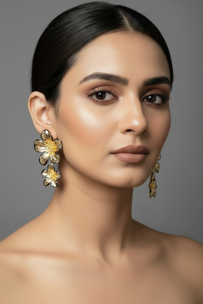 Gold Floral Drop Statement Earrings with Black Enamel Outline | Designer Long Earrings for Women | Party & Festive Wear