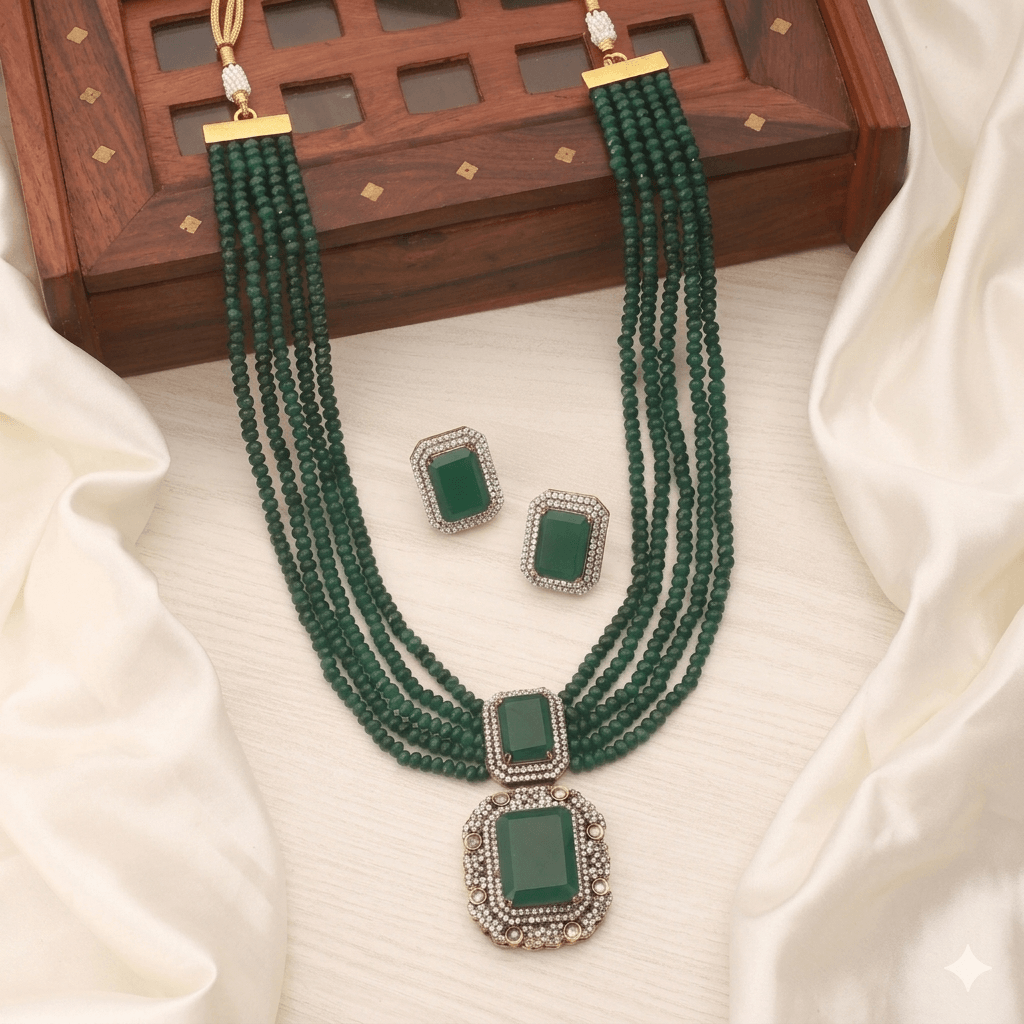 Nita Ambani Inspired Emerald Green Onyx Beads Multi-Layer Necklace Set with Statement Pendant & Stud Earrings | Luxury Party Jewellery