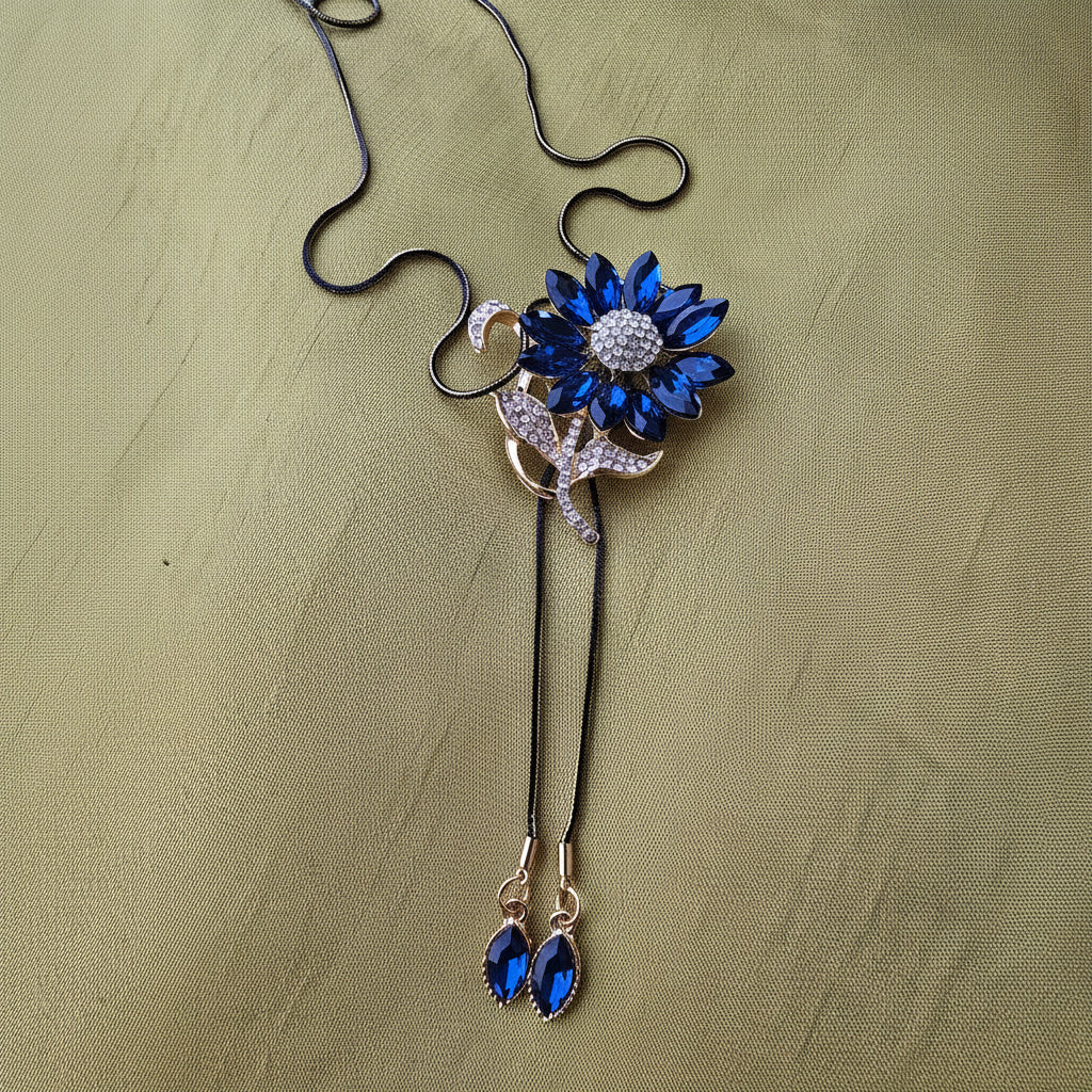 Blue Sunflower Pendant with long Black Chain