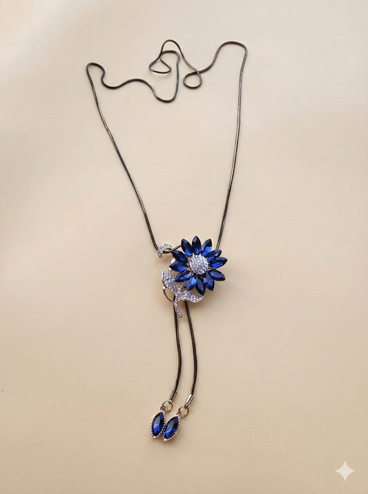 Blue Sunflower Pendant with long Black Chain