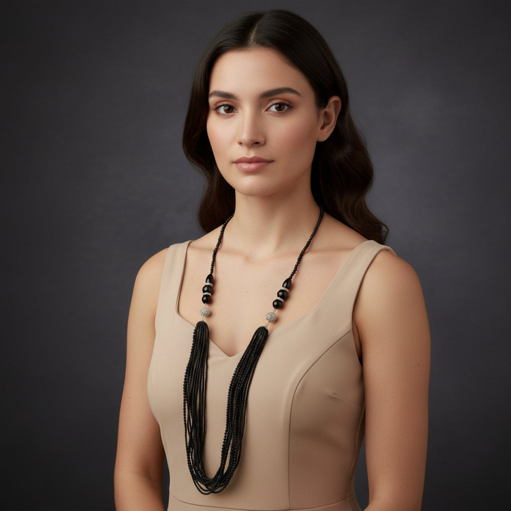 3 in 1 Black Crystal & Pearl Beads Neckpiece
