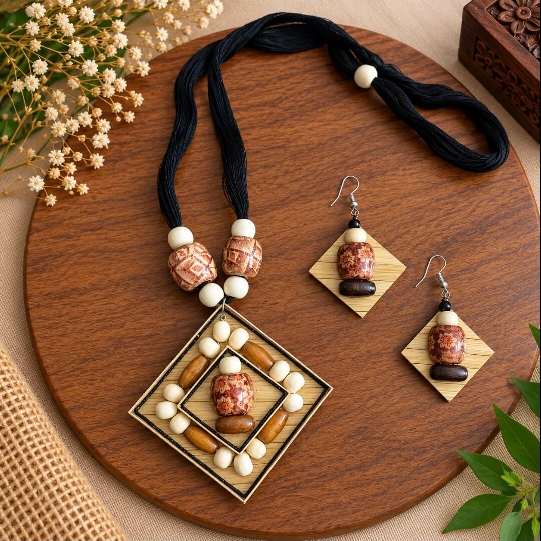 Handmade Black Thread & Wooden Pendant Necklace Set with Earrings