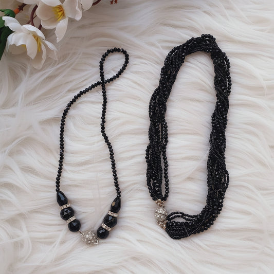 3 in 1 Black Crystal & Pearl Beads Neckpiece