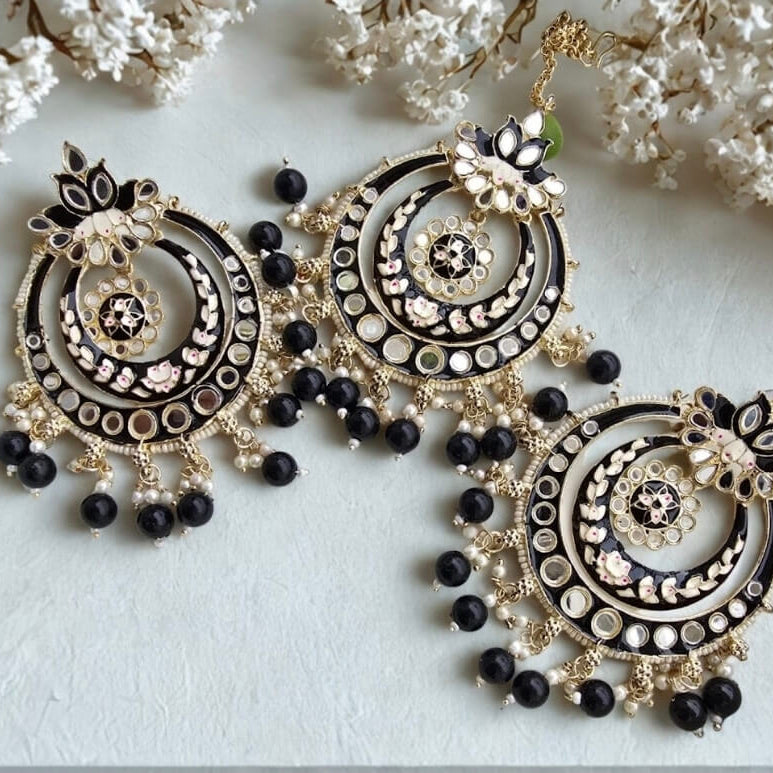 Black Meenakari Chandbali Earrings with Mirror Work & Beads | Statement Ethnic Earrings for Women