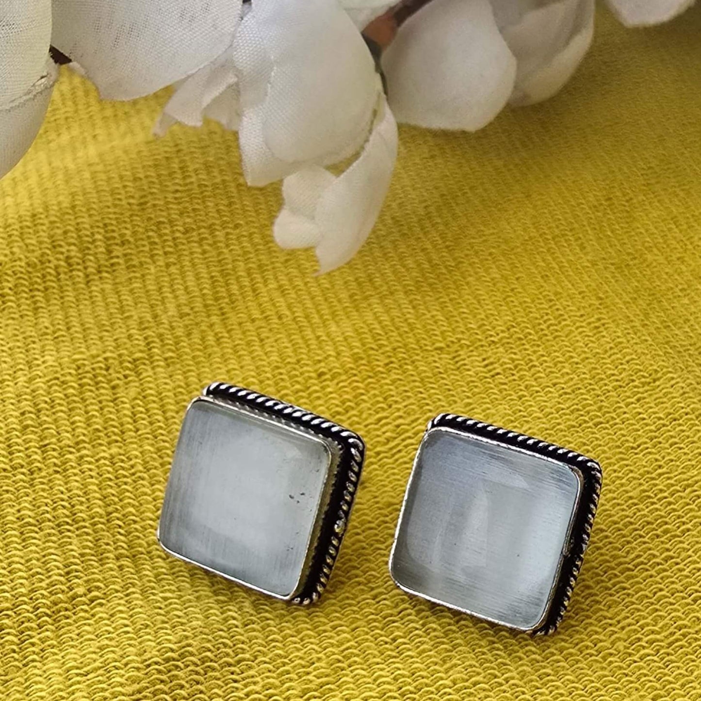 Square Stone Stud Earrings for Women | Minimalist Designer Daily Wear Earrings | Antique Silver Finish