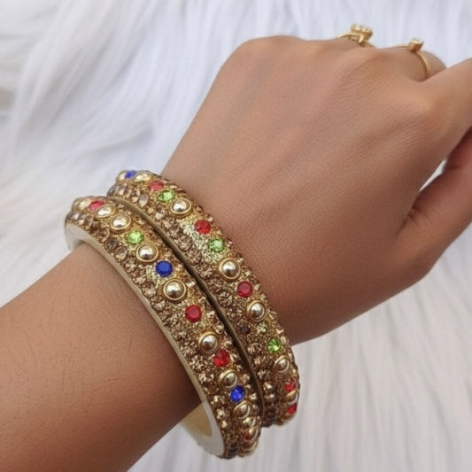 Multicolor Crystal Stone Metal Bangles for Women | Traditional Gold-Tone Party & Festive Bangles