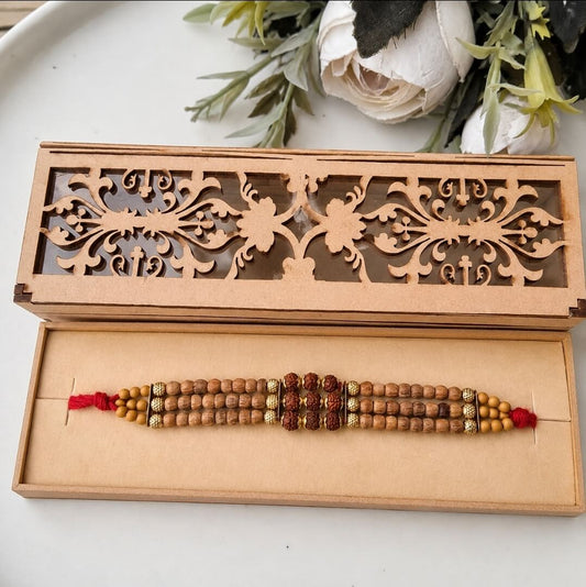 Chandan Bracelet Rakhi for Brother | Premium Chandan Beads & Rudraksha Bracelet Rakhi | Raksha Bandhan Rakhi with Roli Chawal