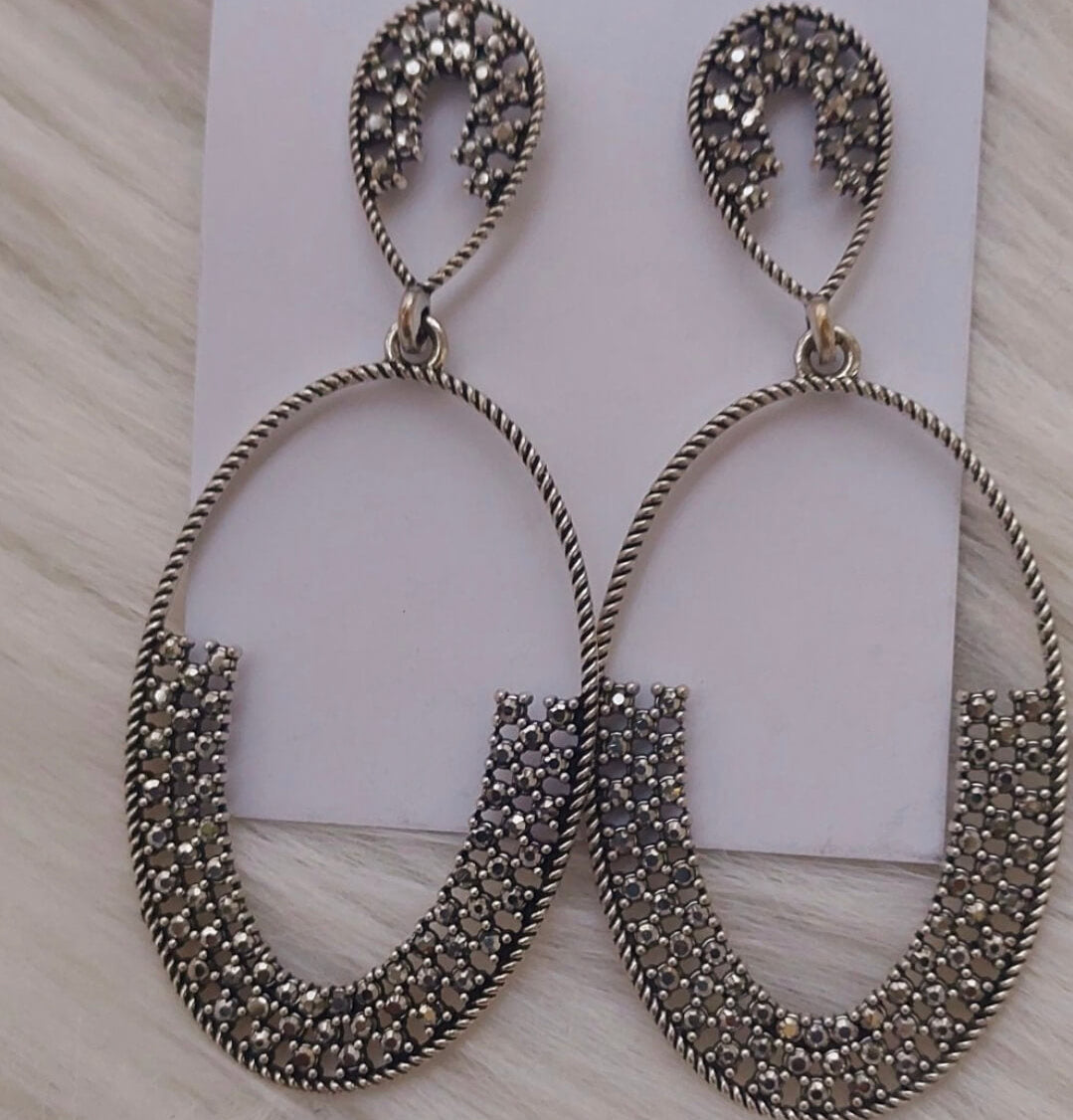 Oxidised Silver Marcasite Oval Drop Earrings for Women