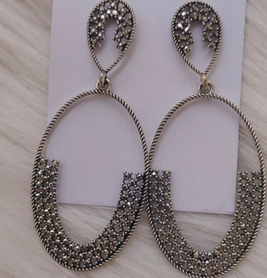 Oxidised Silver Marcasite Oval Drop Earrings for Women