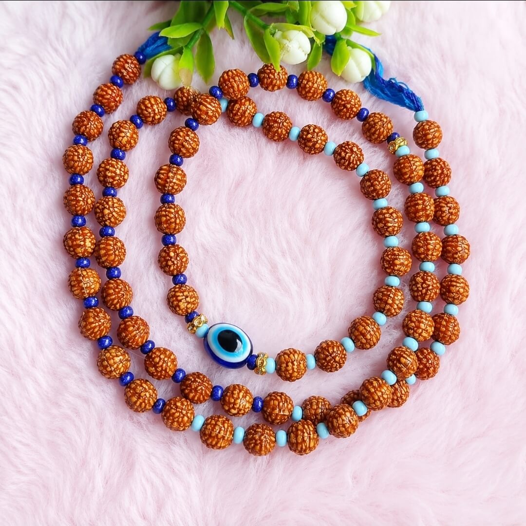 3 Fold Rudraksha Evil Eye Rakhi for Brother | Triple Layer Designer Rakhi with Blue Beads