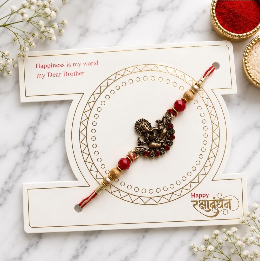 Antique Ganesha Rakhi with Red Crystal Beads & Roli Chawal | Premium Raksha Bandhan Rakhi