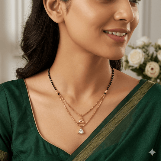 Black Beaded Layered Mangalsutra Necklace with Triangle Pendant | Gold Finish Elegant Daily Wear Mangalsutra