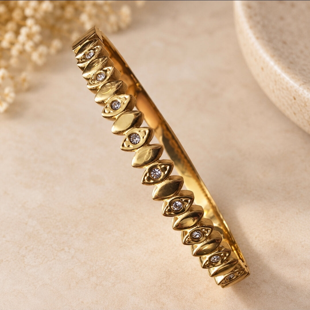 Anti-Tarnish Gold-Tone Stone Studded Leaf Design Bangle for Women