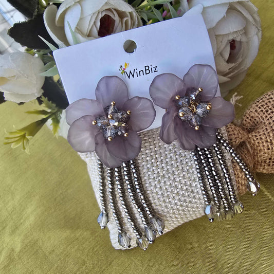 Grey Floral Tassel Earrings for Women | Statement Flower Drop Earrings with Crystal Beads