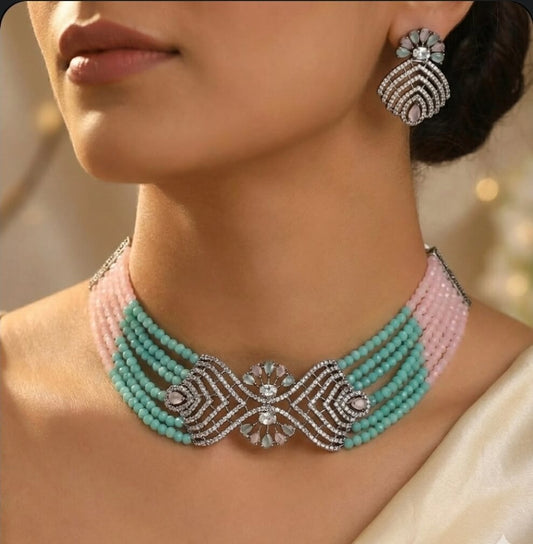 Rama Green and Pink Choker with AD
