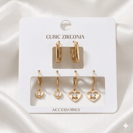 3 Pair Earrings Combo Set | Gold Hoops & Heart Dangle Earrings for Women & Girls