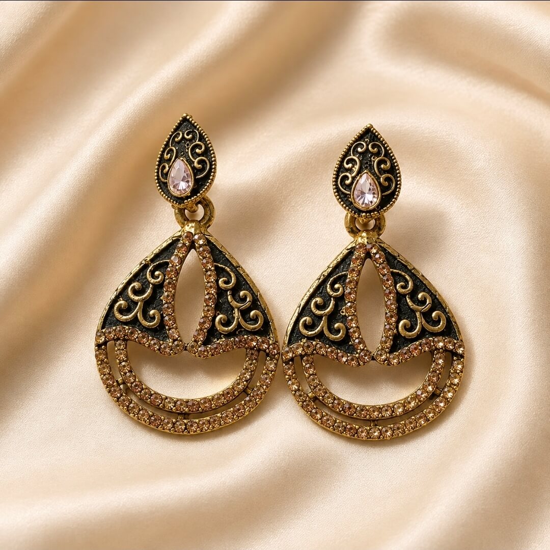 Antique Gold & Black Crystal Drop Earrings | Statement Earrings