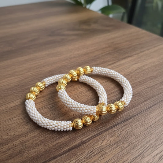 Handcrafted White Beaded Gold-Tone Bangles for Women | Elegant Daily Wear Bangle Set