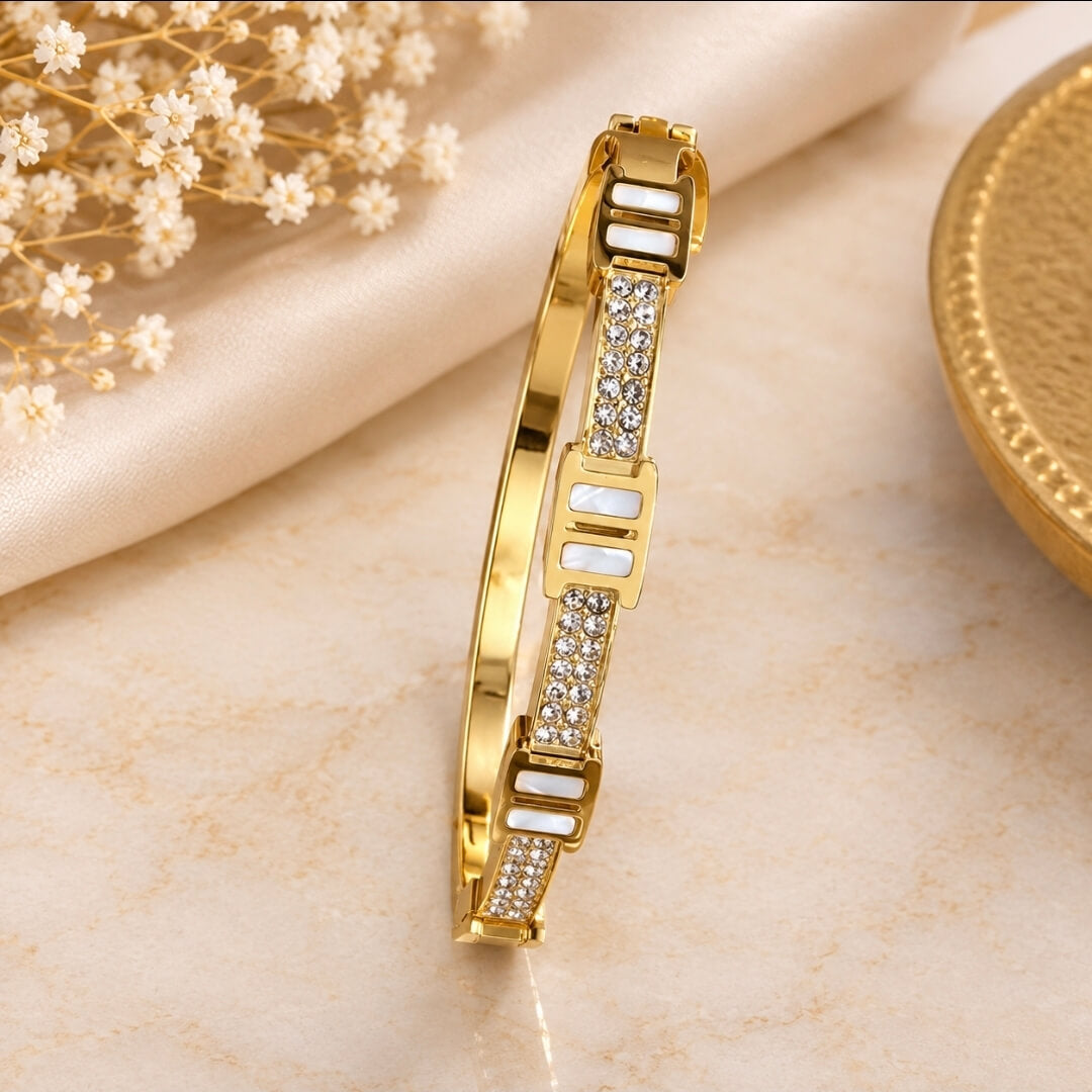 Anti-Tarnish Gold-Tone Crystal and White Enamel Openable Bracelet for Women