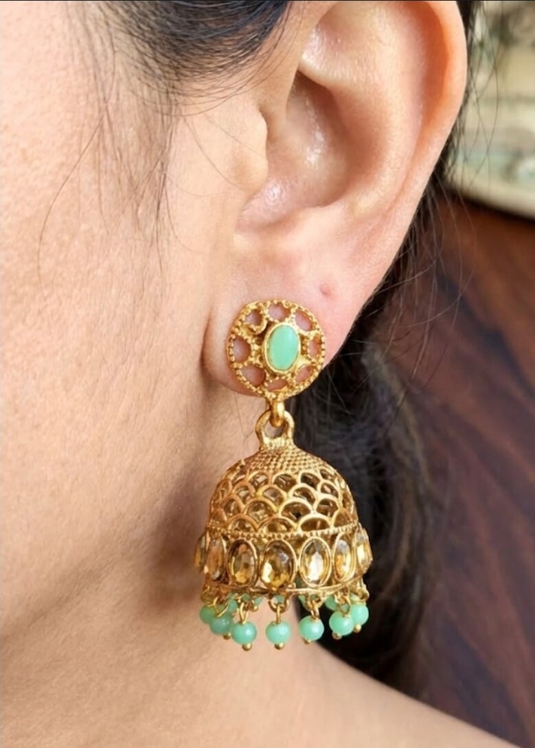 Golden Jhumkas with green drops