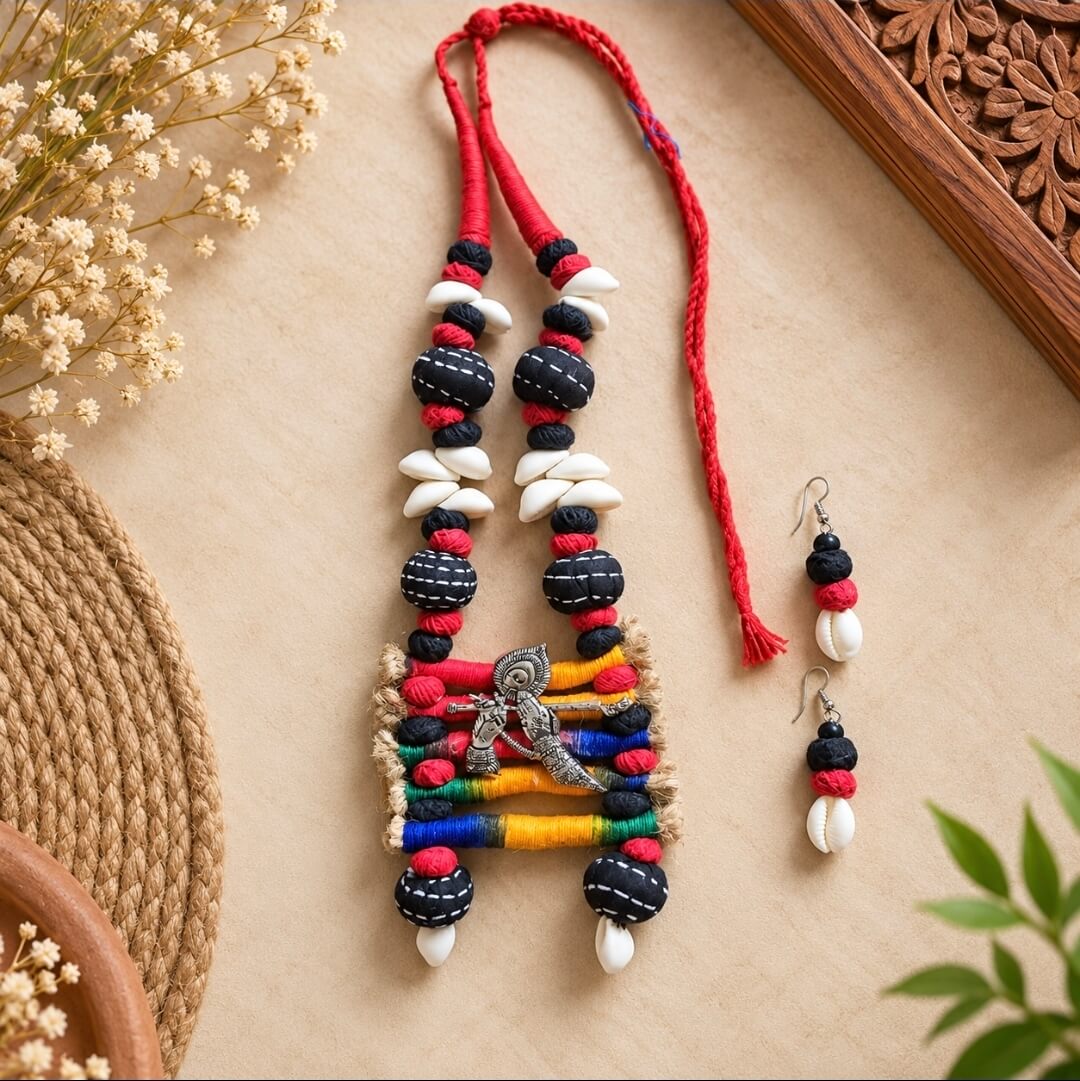 Handmade Tribal Thread Necklace with Silver Tribal Pendant & Earrings