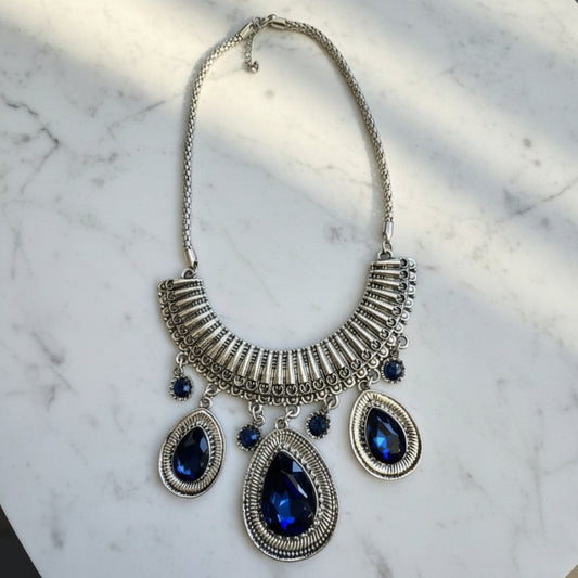 Oxidised Necklace with Blue Teardrop Charms