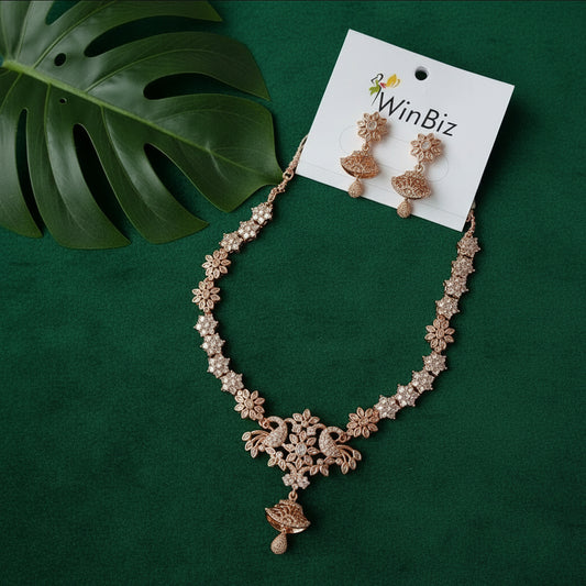 Rose Gold AD Floral Necklace Set with Earrings | Premium American Diamond Party Wear Jewellery