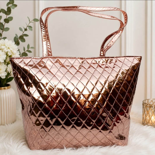 Metallic Quilted Tote Bag for Women | Women's Glossy Shoulder Handbag