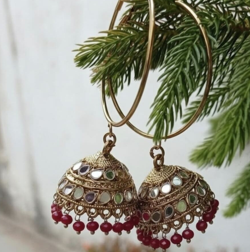 Antique Gold Mirror Jhumka Hoop Earrings with Colored Onyx Beads | Ethnic Boho Statement Earrings for Women