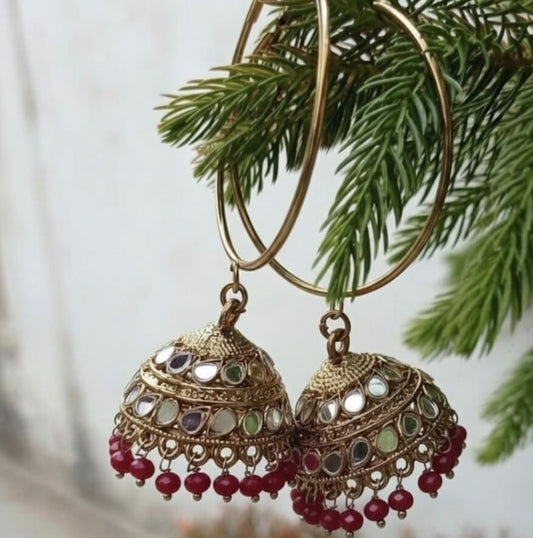 Antique Gold Mirror Jhumka Hoop Earrings with Colored Onyx Beads | Ethnic Boho Statement Earrings for Women