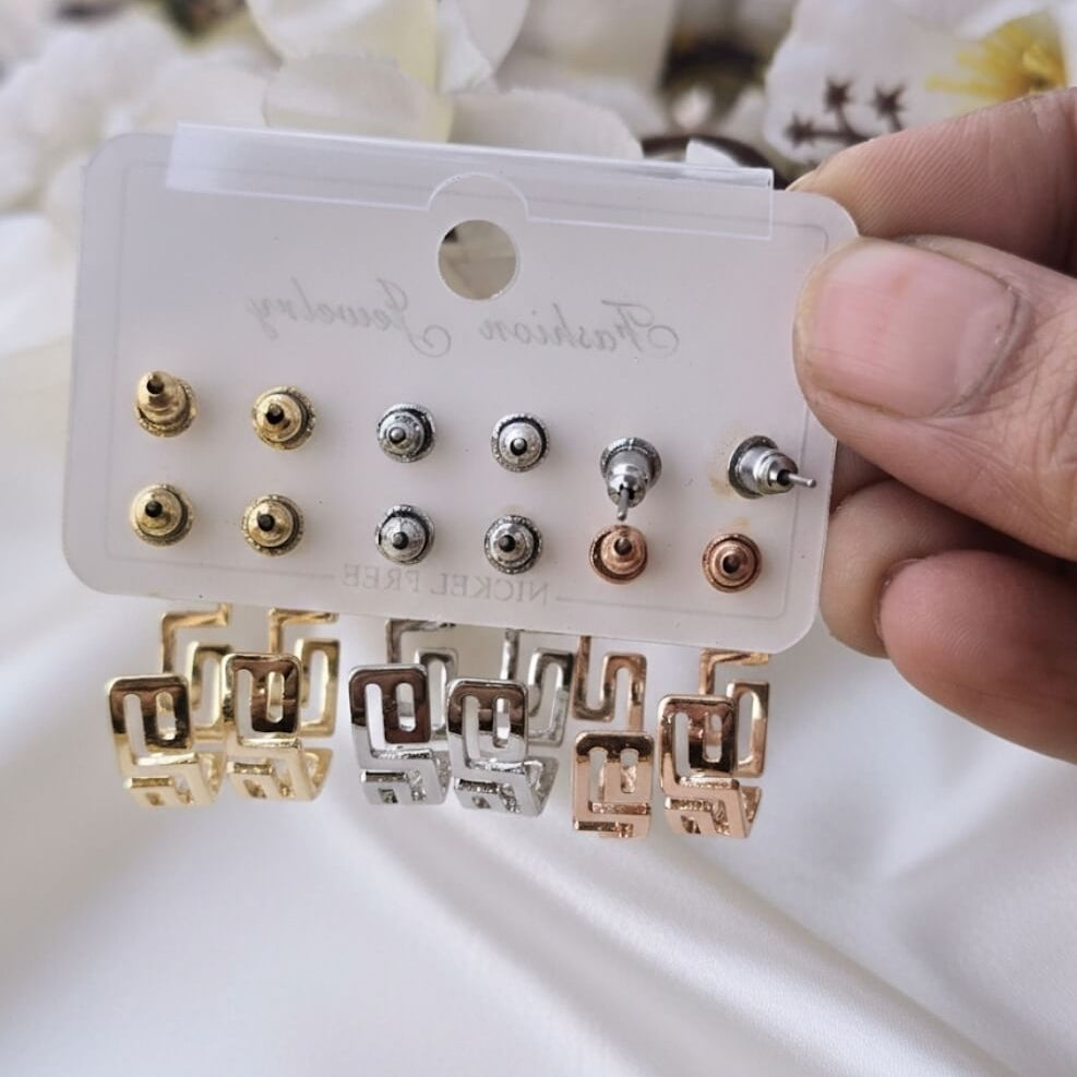6-Pair Geometric Earrings Set for Women | Rose Gold, Silver & Gold Stud & Hoop Earrings Combo | Trendy Daily Wear Jewellery