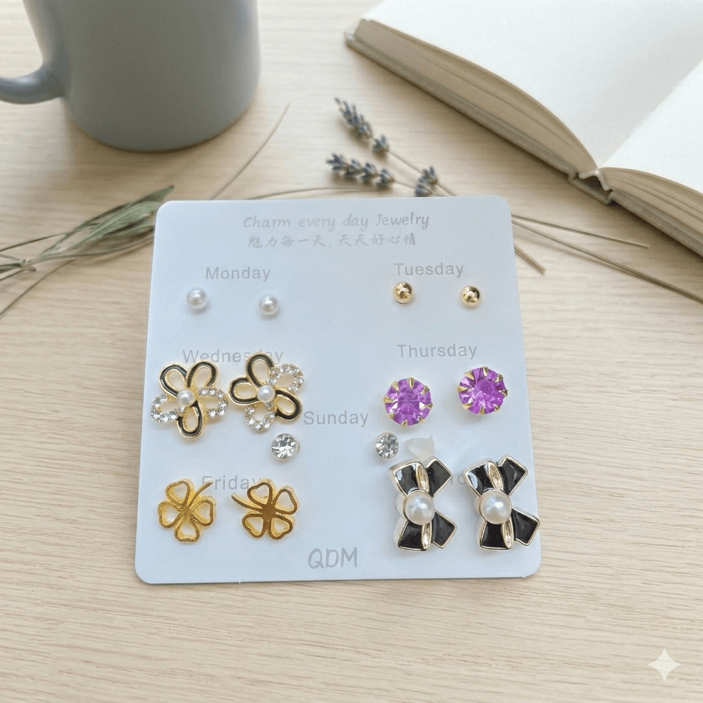 7 Days Stud Earrings Set for Women & Girls – Pearl, Crystal, Heart & Bow Daily Wear Earrings Combo