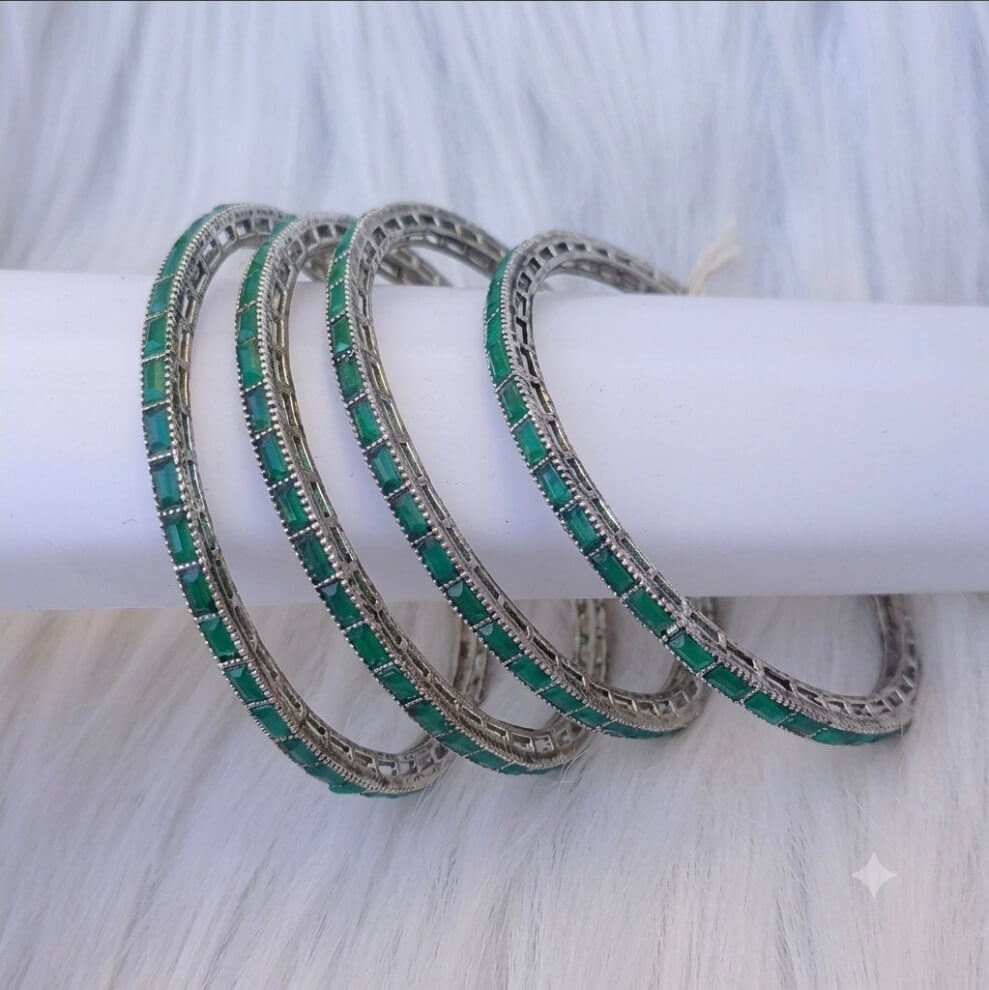 Silver-Tone Emerald Stone Bangles for Women | Ethnic, Festive & Party Wear