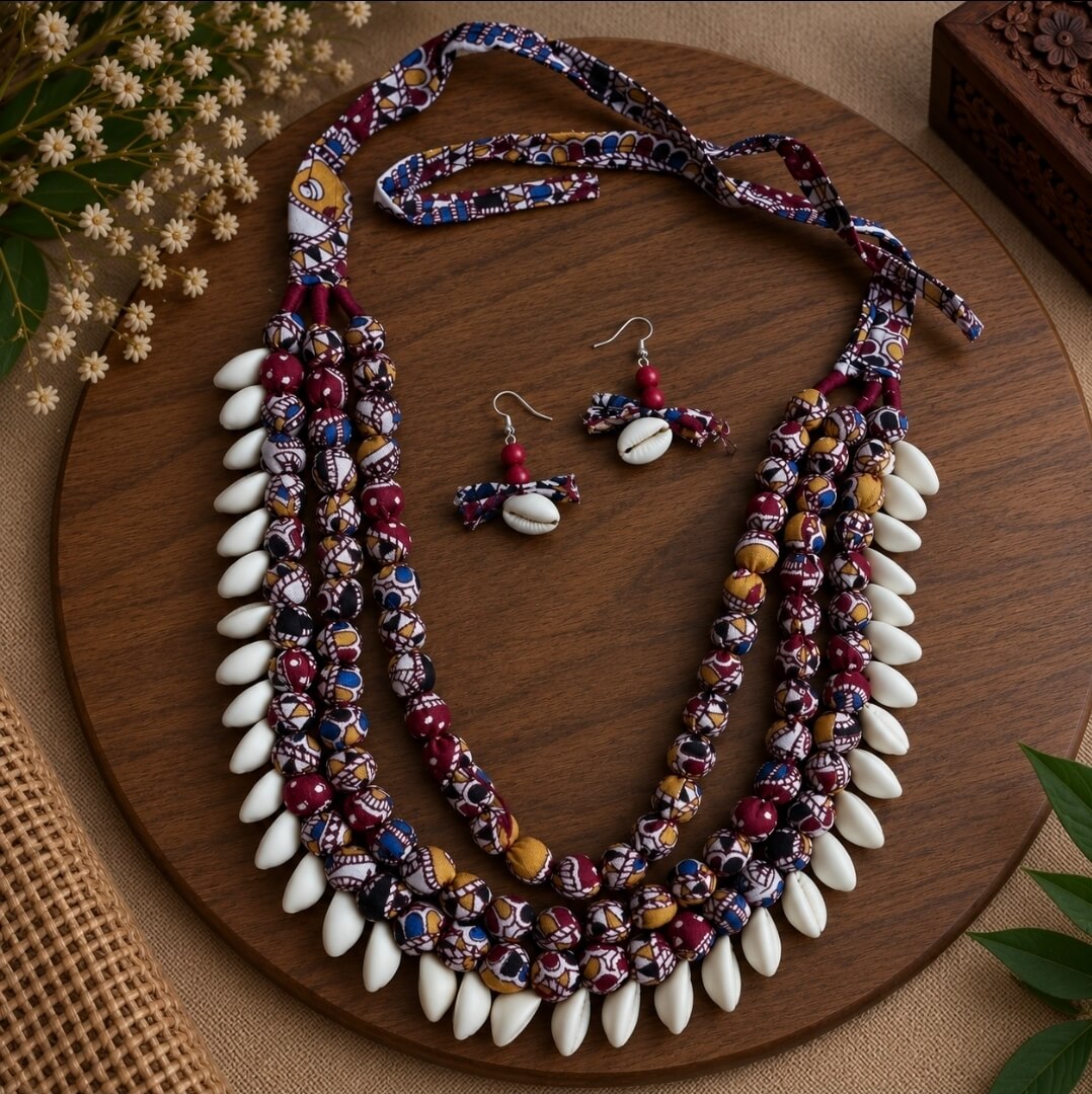 Handmade Fabric Bead Necklace Set with Shells & Earrings