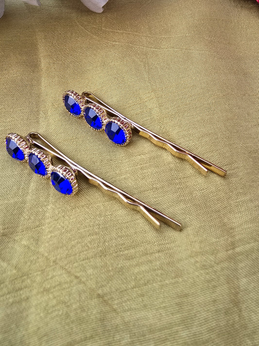 Gold-toned Bobby Pins with Blue Rhinestones