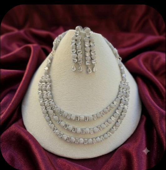 Luxury Triple Layer AD Necklace Set with Statement Earrings | Rhodium Plated Party Wear Jewelry for Women