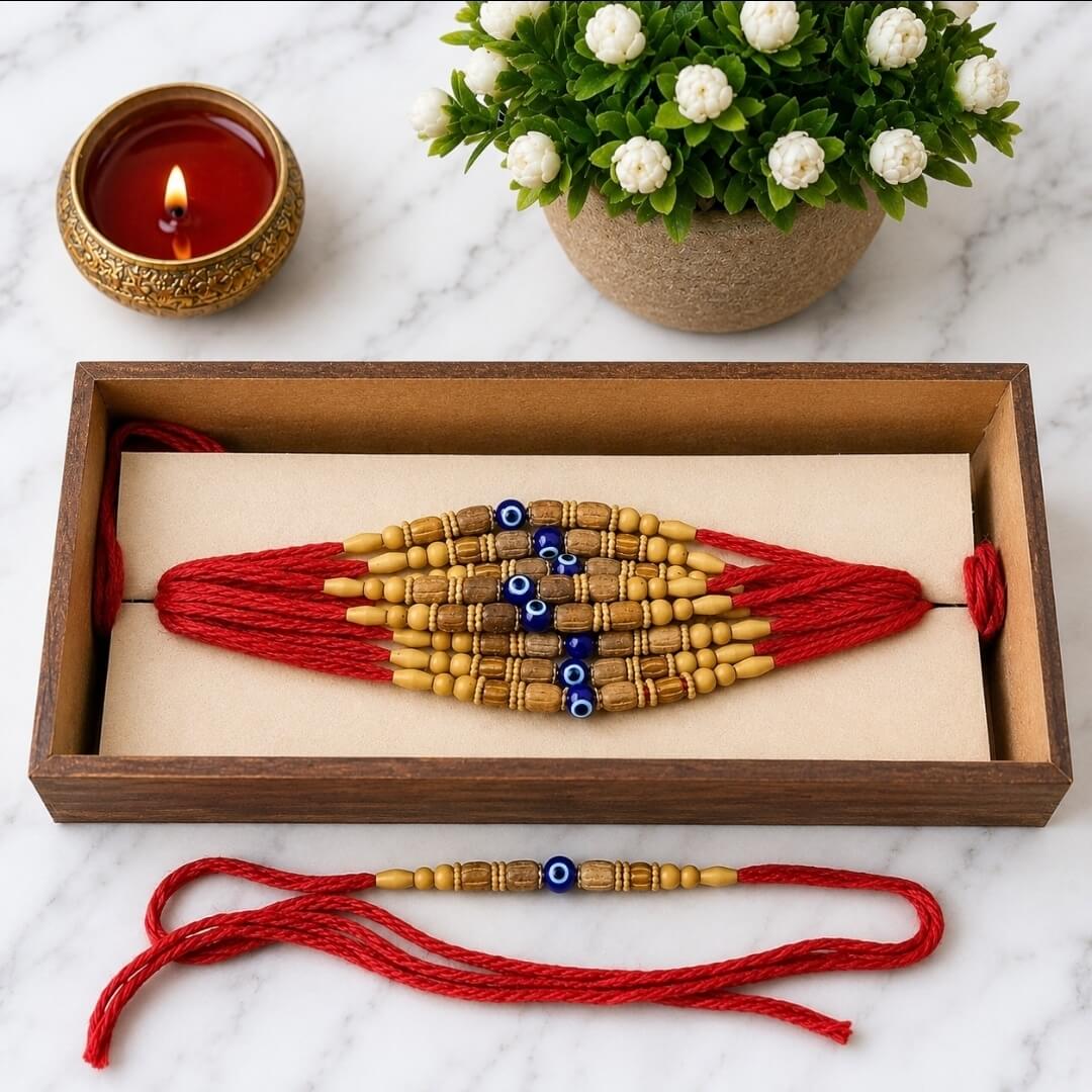 Premium Chandan Rakhi with Evil Eye Beads | Sandalwood Rakhi for Brother(1 piece)