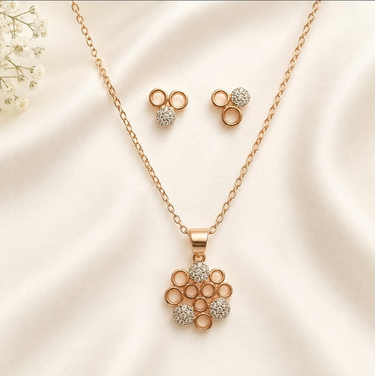 Rose Gold Floral CZ Pendant Necklace Set | Sparkle Style