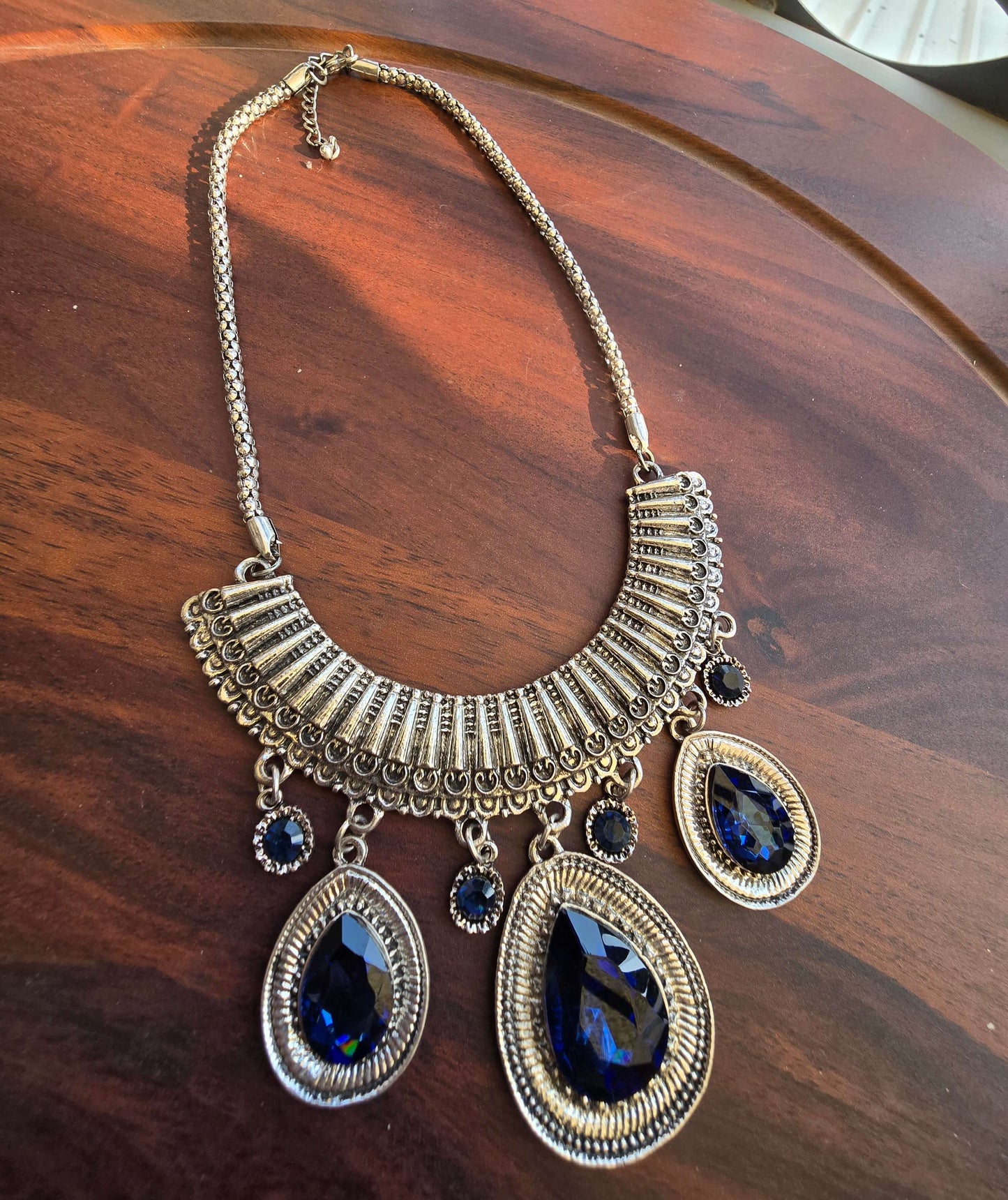 Oxidised Necklace with Blue Teardrop Charms