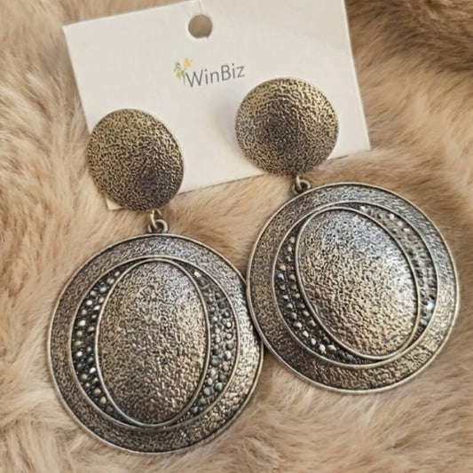Textured Oxidised Silver Disc Drop Earrings for Women | Minimalist Statement Party Wear Earrings