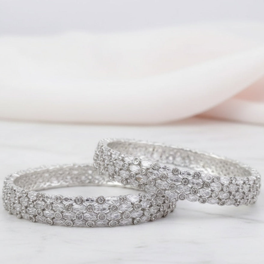 Premium Silver-Plated CZ Stone Bangles | Elegant Party Wear Bracelet Pair